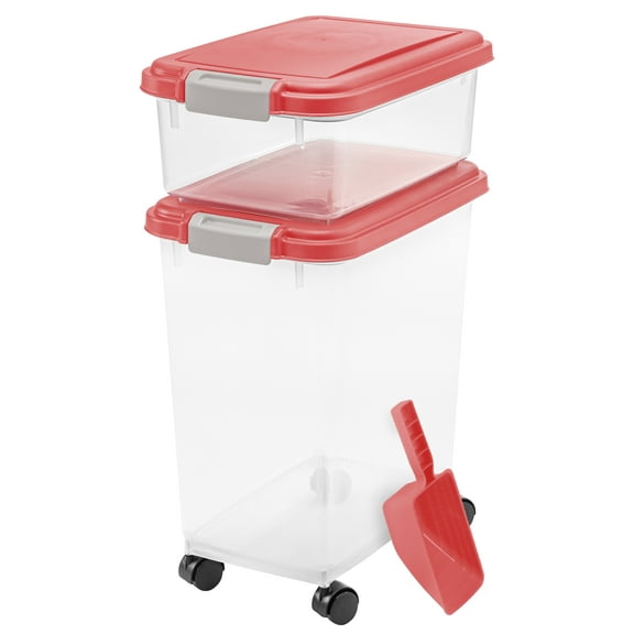 IRIS USA 3-Piece 41 Lbs/45 Qt WeatherPro Airtight Pet Food Storage Container Combo with Scoop and Treat Box for Dog Cat and Bird Food, Red
