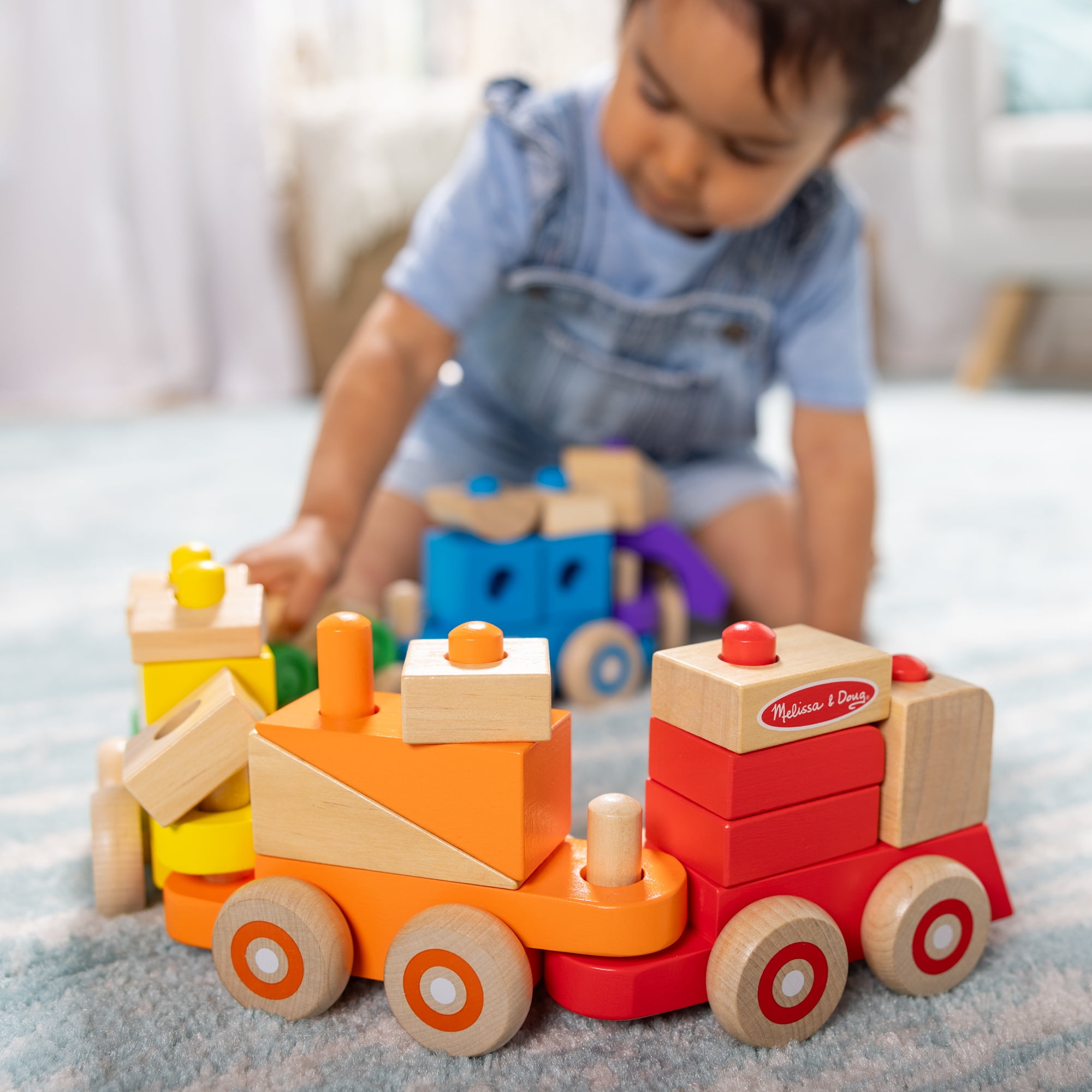 Melissa & Doug Deluxe Wooden Stacking Train, 32 Inch Length, 6 Cars, 19 Blocks, 2 Vehicles, for Toddlers 2+