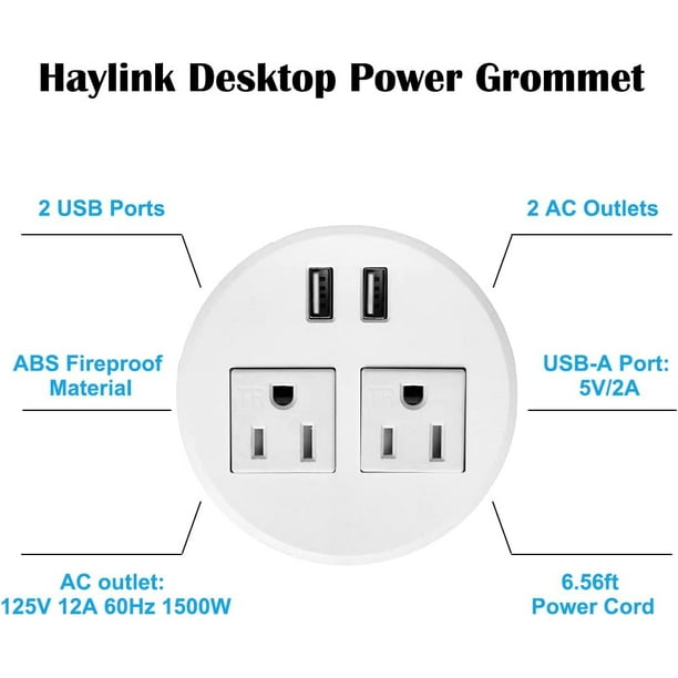 Œillet d'alimentation de bureau, prise de courant encastrée Haylink œillet  USB 3,15 couvercle de trou de bureau avec 2 prises AC, connexion 
