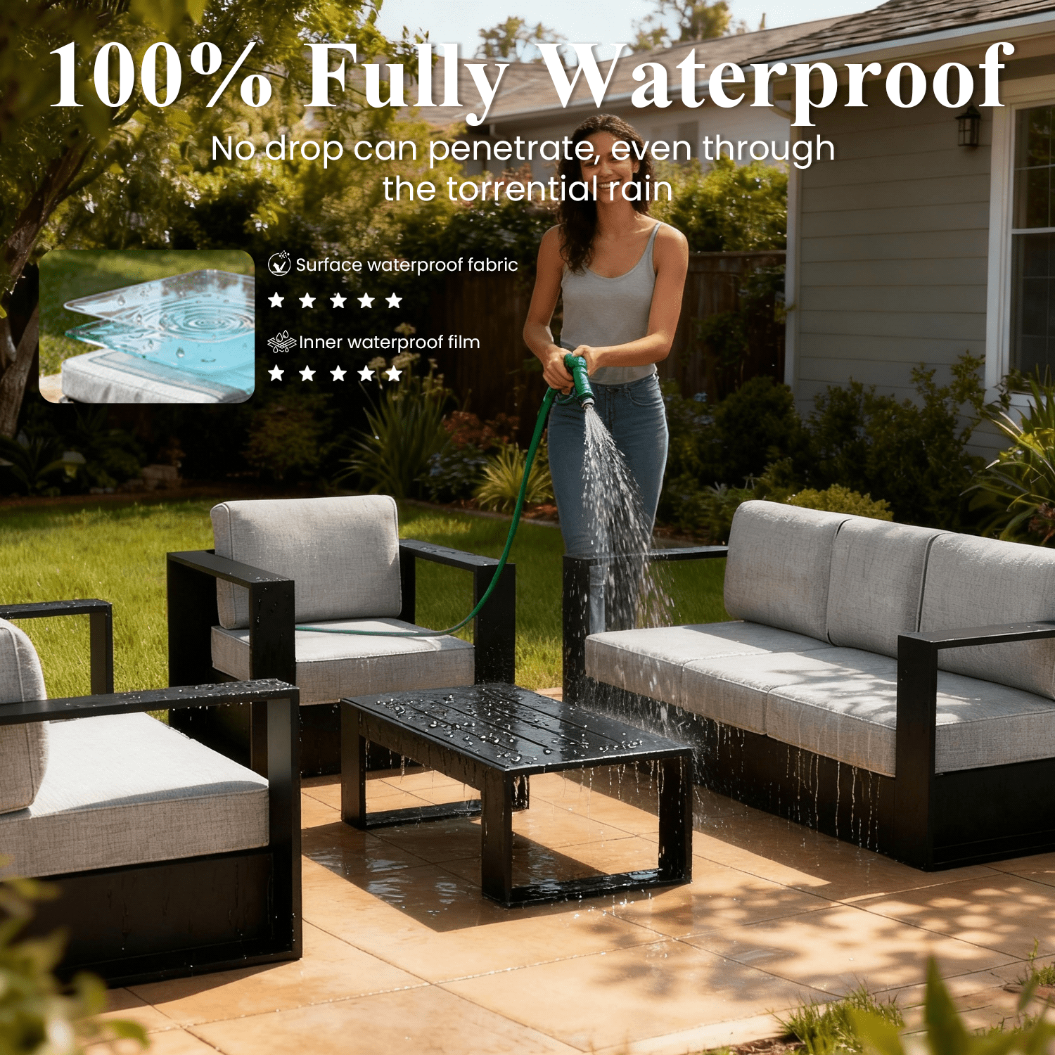 LayinSun Oversized Aluminum Outdoor Furniture Set, 5 Piece Patio Sofa Sets with Fire Pit Table, Deep Seating and Upgraded 6-inch Cushions for Porch, Balcony, Deck