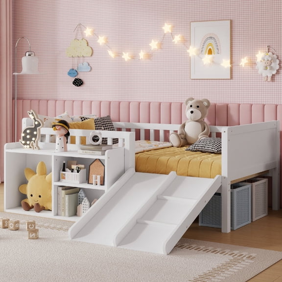 Twin Size Low Loft Bed  Frame with Slide, Wood Low Loft with Movable Bookshelf Storage and Guardrails, for Bedroom, Apartment, Mattress not included, No Spring Box Required, White