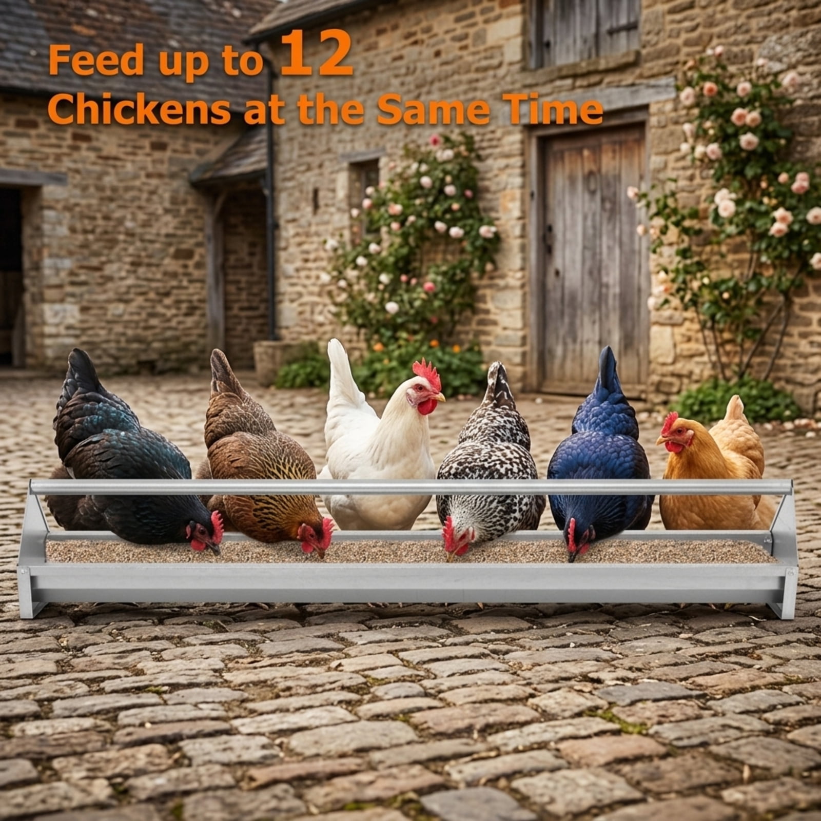 Vebreda Metal Chicken Feeder, 4 Gallon Galvanized Steel Feeding Trough with Drainage Holes & Stoppers, Elevated No-Waste Poultry Feeder for 12 Chickens, Rustproof with Handle, Silver