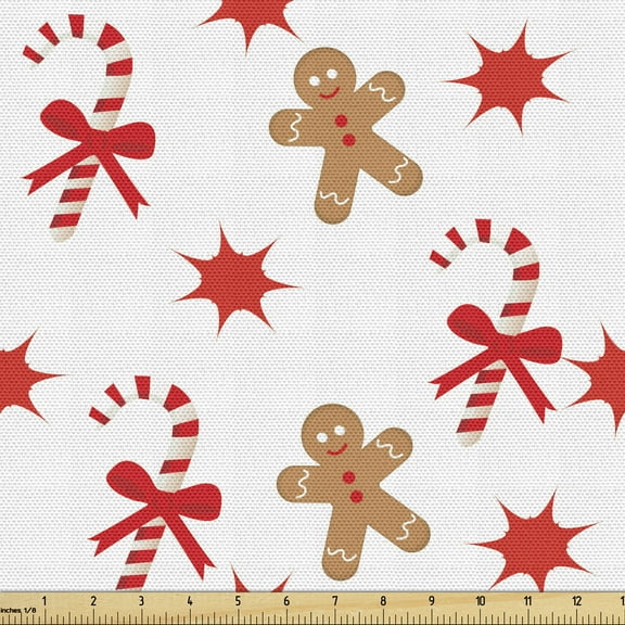 Ambesonne Gingerbread Man Fabric by the Yard Upholstery, Candy Red Star, 2 Yards, Sand Brown Orange
