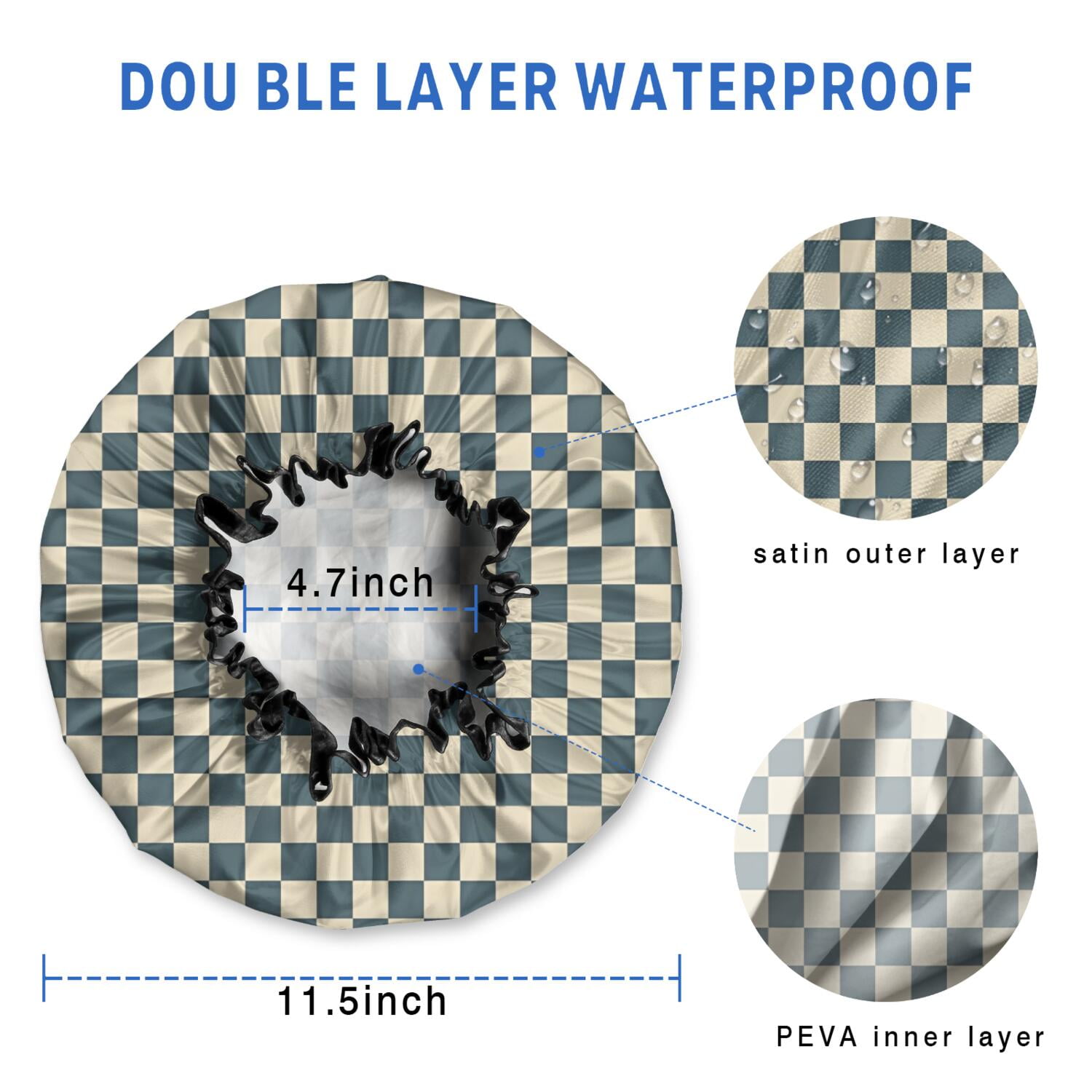 Shower Caps,Navy and Beige Checkerboard Pattern Waterproof Shower Cap for Women 4 Pieces,Double Reusable Hair Cover for Shower PEVA Elastic Stretch Hem