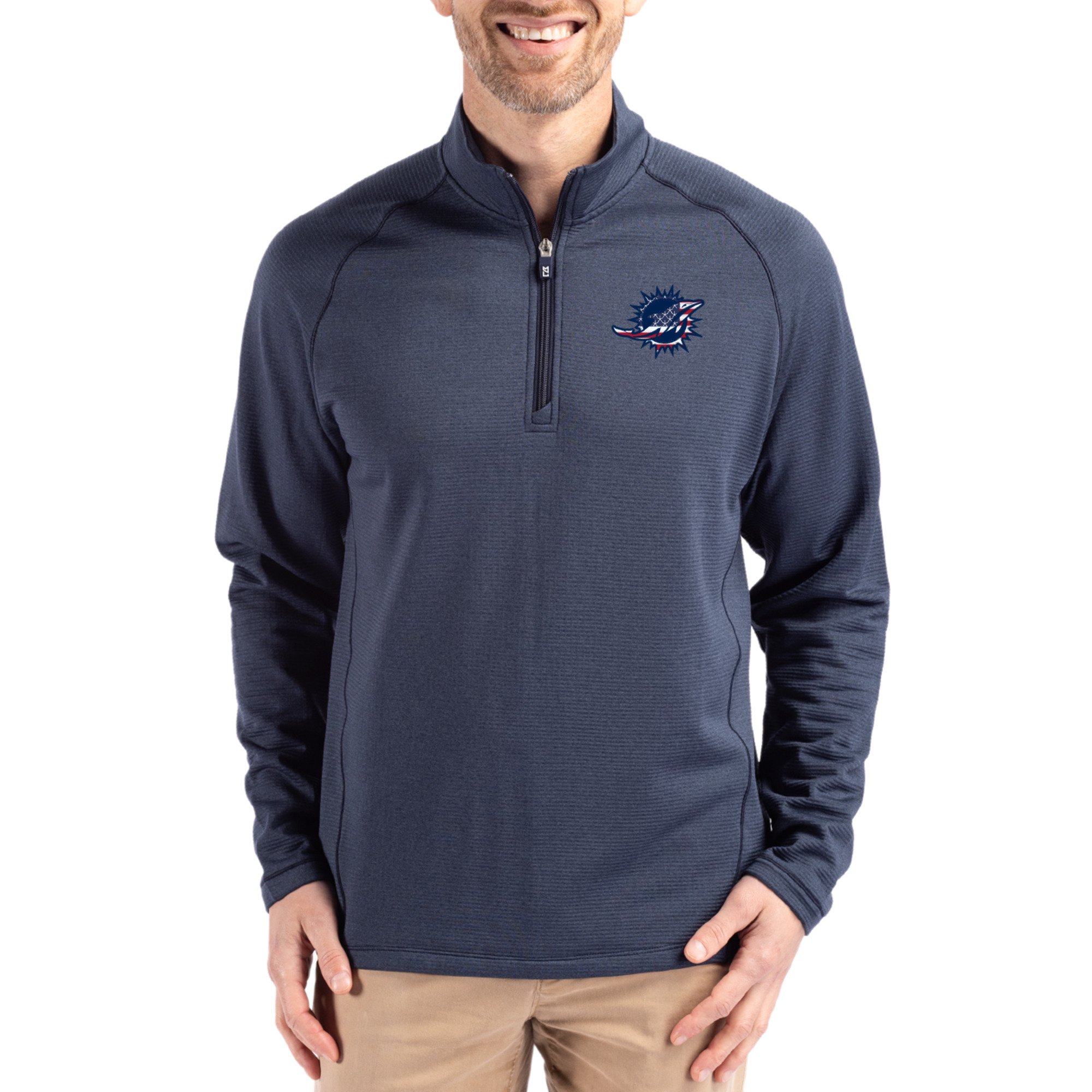 Men's Cutter & Buck Heather Navy Miami Dolphins Peshastin Eco Fleece Tri-Blend Raglan Recycled Quarter-Zip Jacket