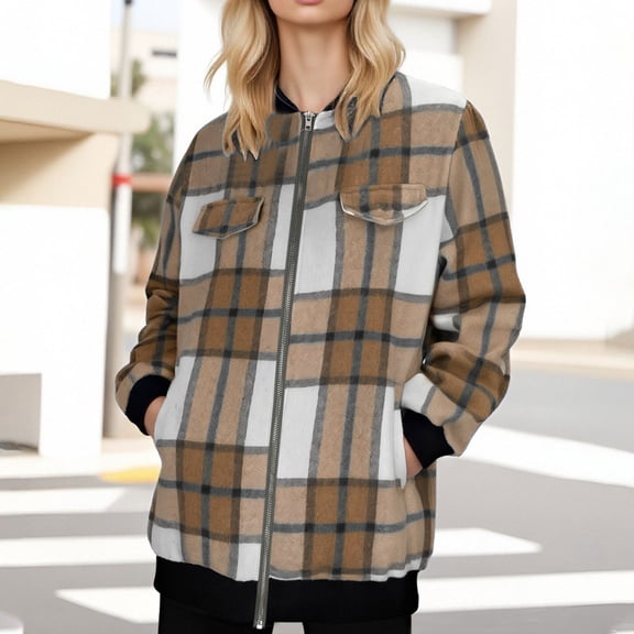 BXJX Women's Checkered Striped Fabric Medium Jcaket- Casual Fashion Fall Pocket Zipper Coats Brown Size L
