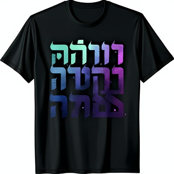 Stylish Black T-Shirt with Bold Hebrew Graphic in Vibrant Blue & Pink