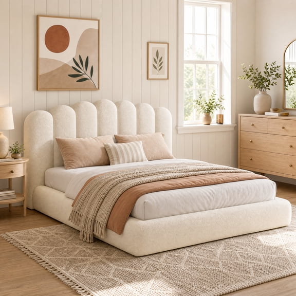 Seetech Queen Size Cloud Bed Frame, Upholstered Platform Bed with Wave Headboard, Soft Rounded Corners, No Box Spring Needed, Cream White