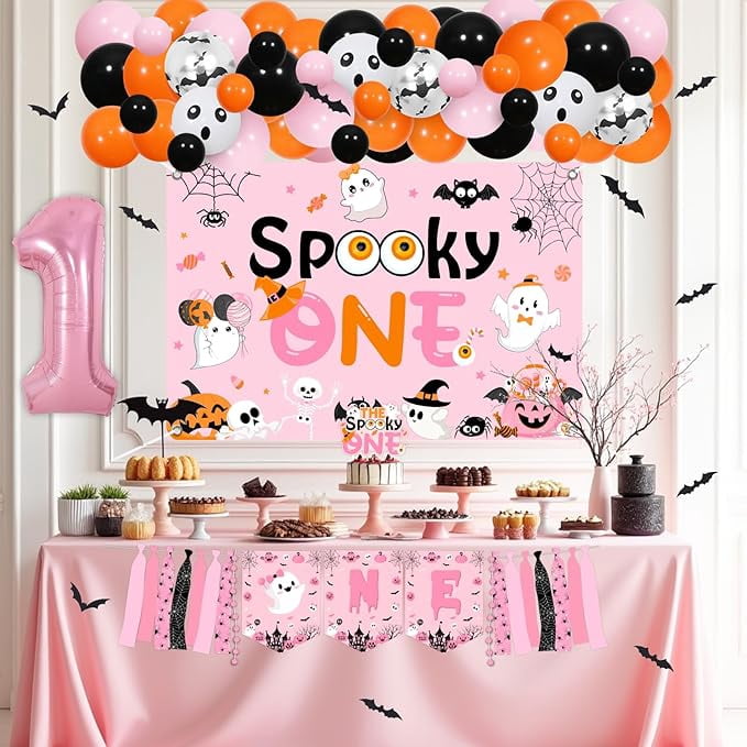Halloween 1st Birthday Party Decorations Girl - Pink Orange Halloween Balloons Garland Arch Kit with Spooky One Birthday Backdrop, Cake Topper, High Chair Banner, Bat Wall Stickers