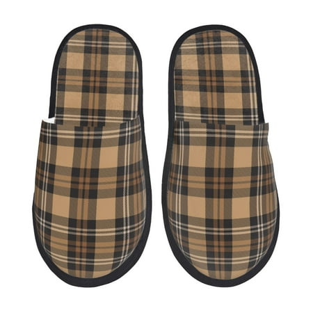 Balery khaki coffee plaid Slient Indoor Furry Fleece Comfort House Shoes Soft Non-Slip Home Shoes Cotton slippers House Slippers-- Large