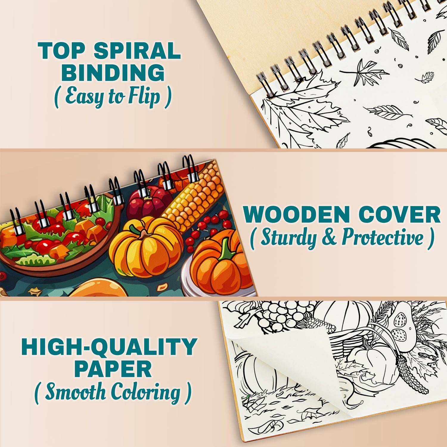 Netecom Fall and Thanksgiving Coloring Book Spiral Bound for Adults, A5 Wooden Cover, 30 Autumn Coloring Pages of Thanksgiving Holiday for Stress Relief and Relaxation