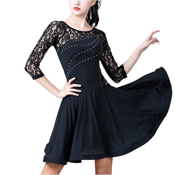 Women'S Voluminous Frilled Hemline Latin Dance Dresses With Sheer Stretch Lace 3/4 Sleeves