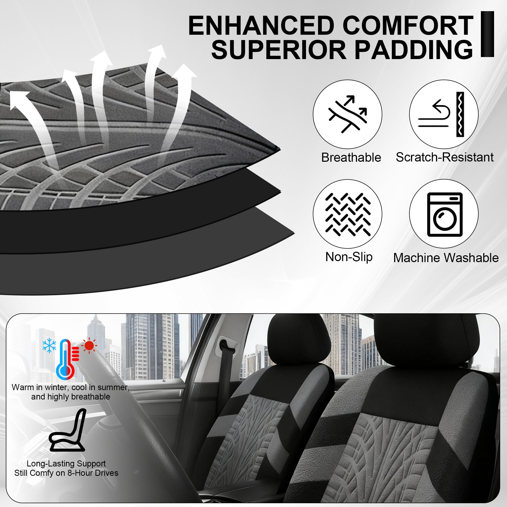 FLORAY 9-Piece Car Seat Covers Full Set - Airbag Safe, Thickened, Split Rear, Machine Washable - Universal Fit for Cars, SUVs, Trucks, Gray