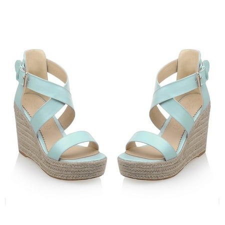 

Cathalem Fashion Women Summer Weave Wedges Breathable Buckle Strap Peep Toe Sandals Low Wedges Shoes for Women Closed Toe Light Blue 9