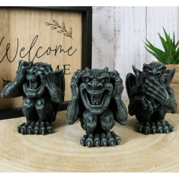 Whimsical Winged See Hear Speak No Evil Laughing Mini Gargoyle Figurines Set