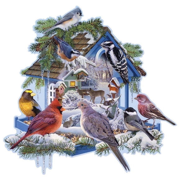 Bits and Pieces Shaped Jigsaw Puzzle Winter Bird Feeder 750 Piece 22" x 26"