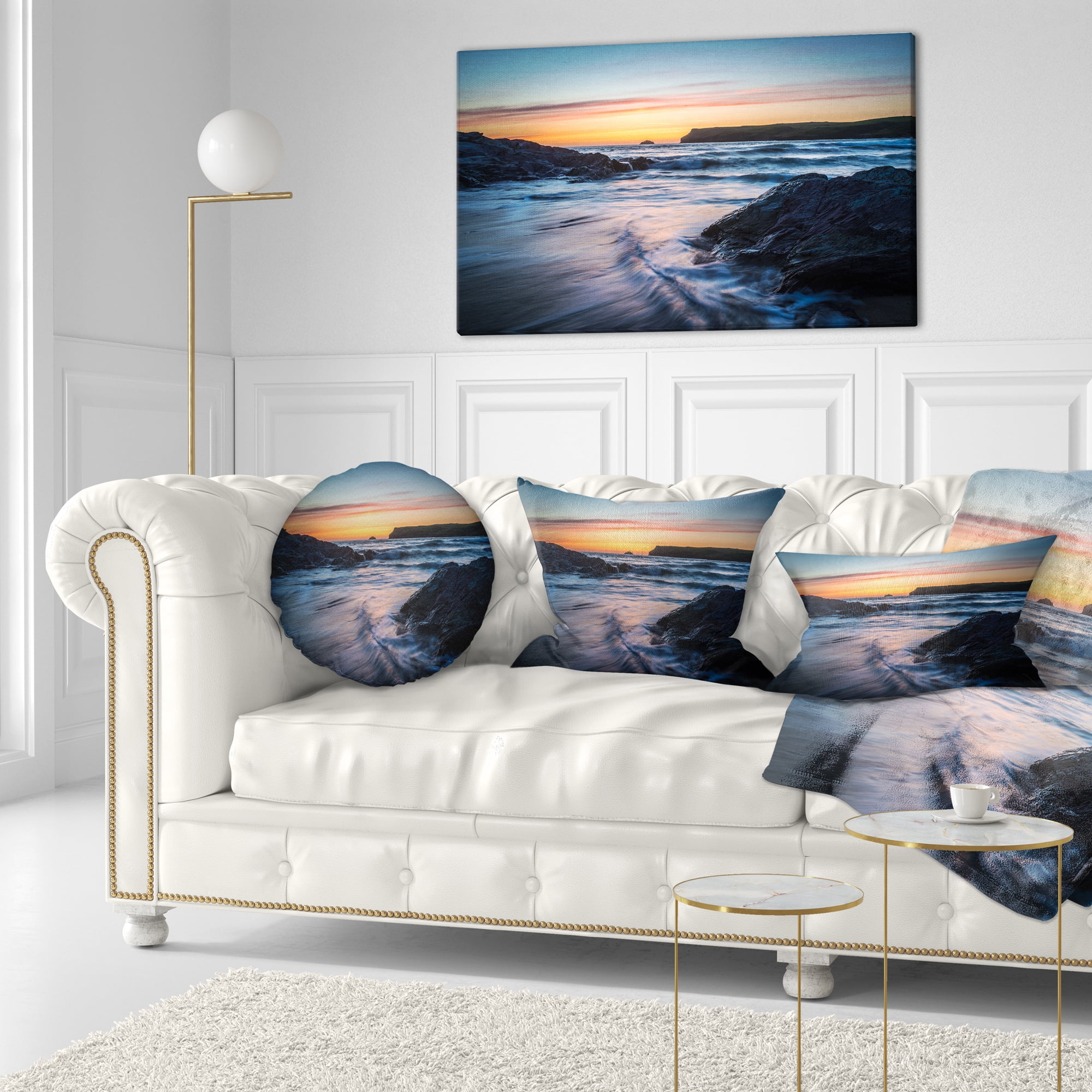 Designart Setting Sun at Polzeath Beach - Modern Seascape Throw Pillow - 12x20