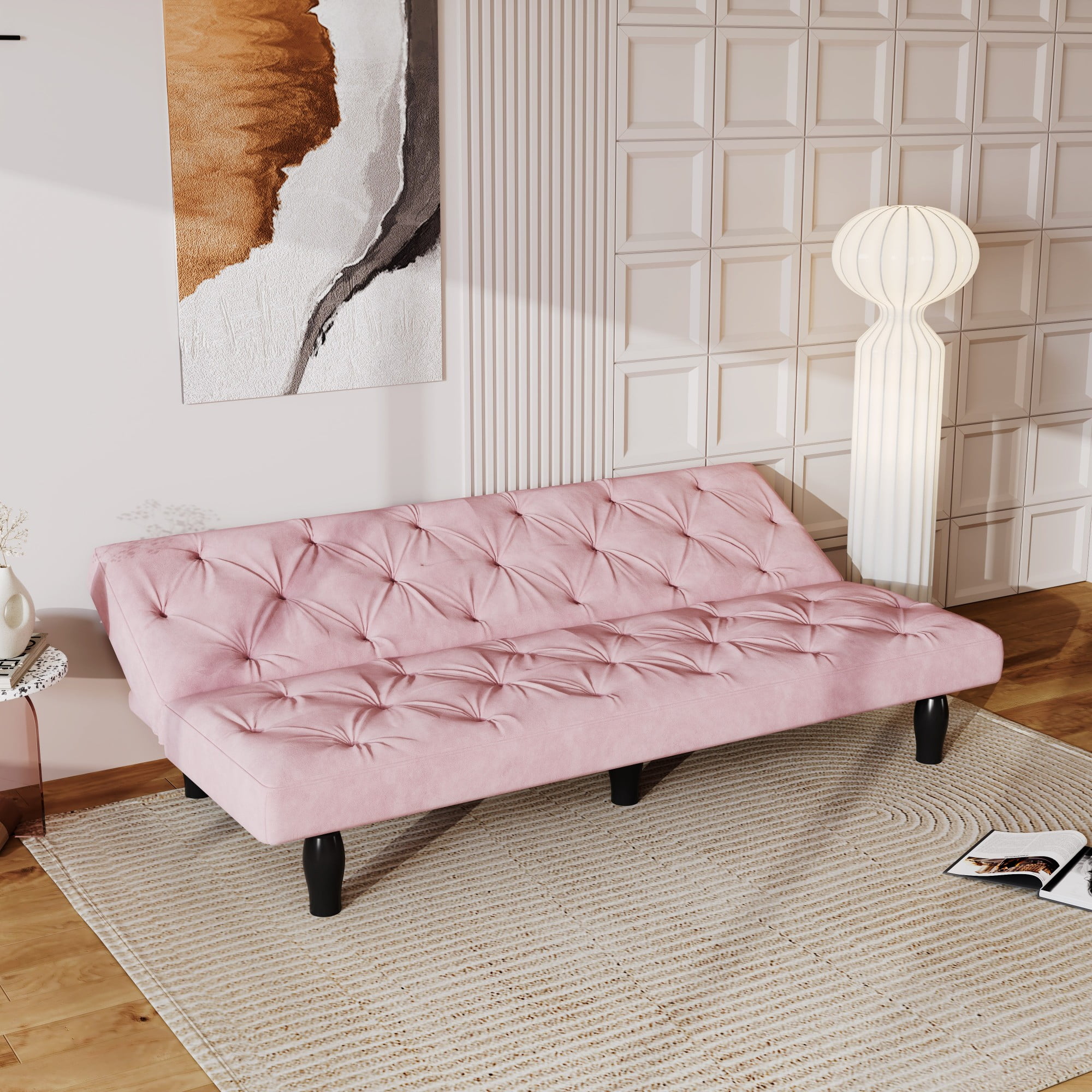 Leumius 66" Velvet Convertible Sofa Bed,Twin-Size Futon Sofa Bed Sleeper Sofa with Adjustable Backrest for Apartments,Living Rooms,Pink