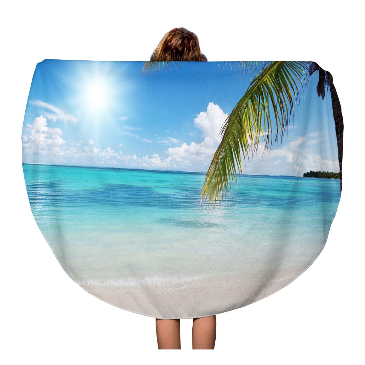 LADDKA 60 inch Round Beach Towel Blanket Blue Beach Ocean and Coconut Palms Green Caribbean