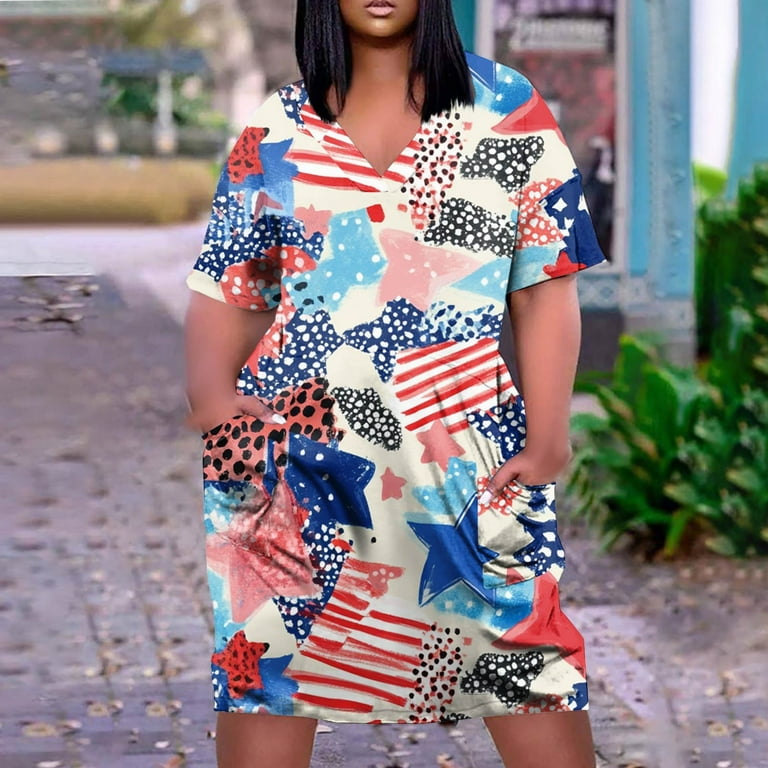 Summer Dresses, Red White And Blue Plus Size V Neck Casual Dress With  Pockets Loose Fit 4Th Of July Sundress For Vacation Party Evening Dresses  Women Light Dresses (5XL, Light Blue) ZMTing -