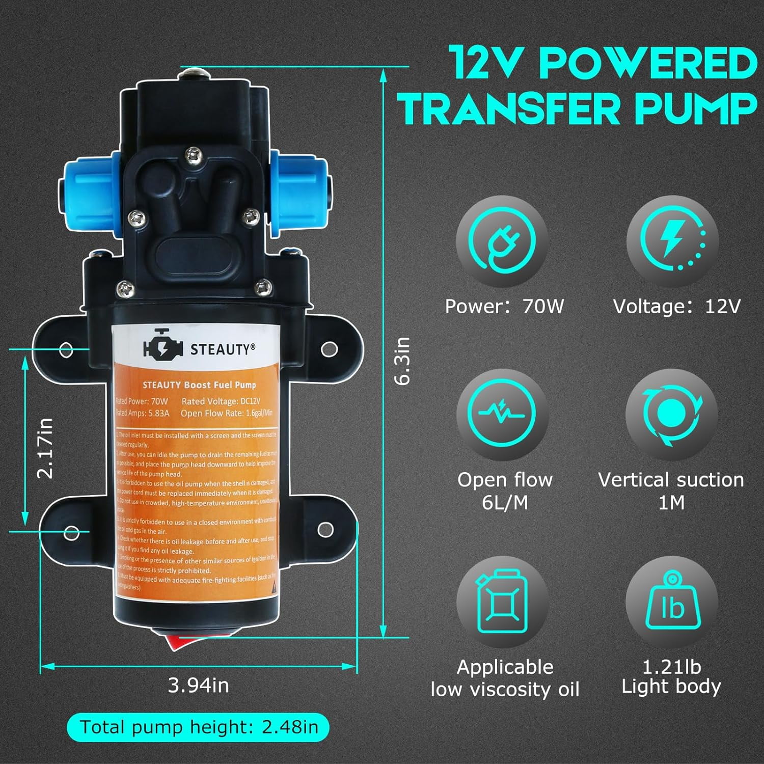 Steauty 12V Fuel Transfer Pump, 85 GPH Gas/Diesel with 11.5 ft Power Cable for Vehicles, Boats, Equipment