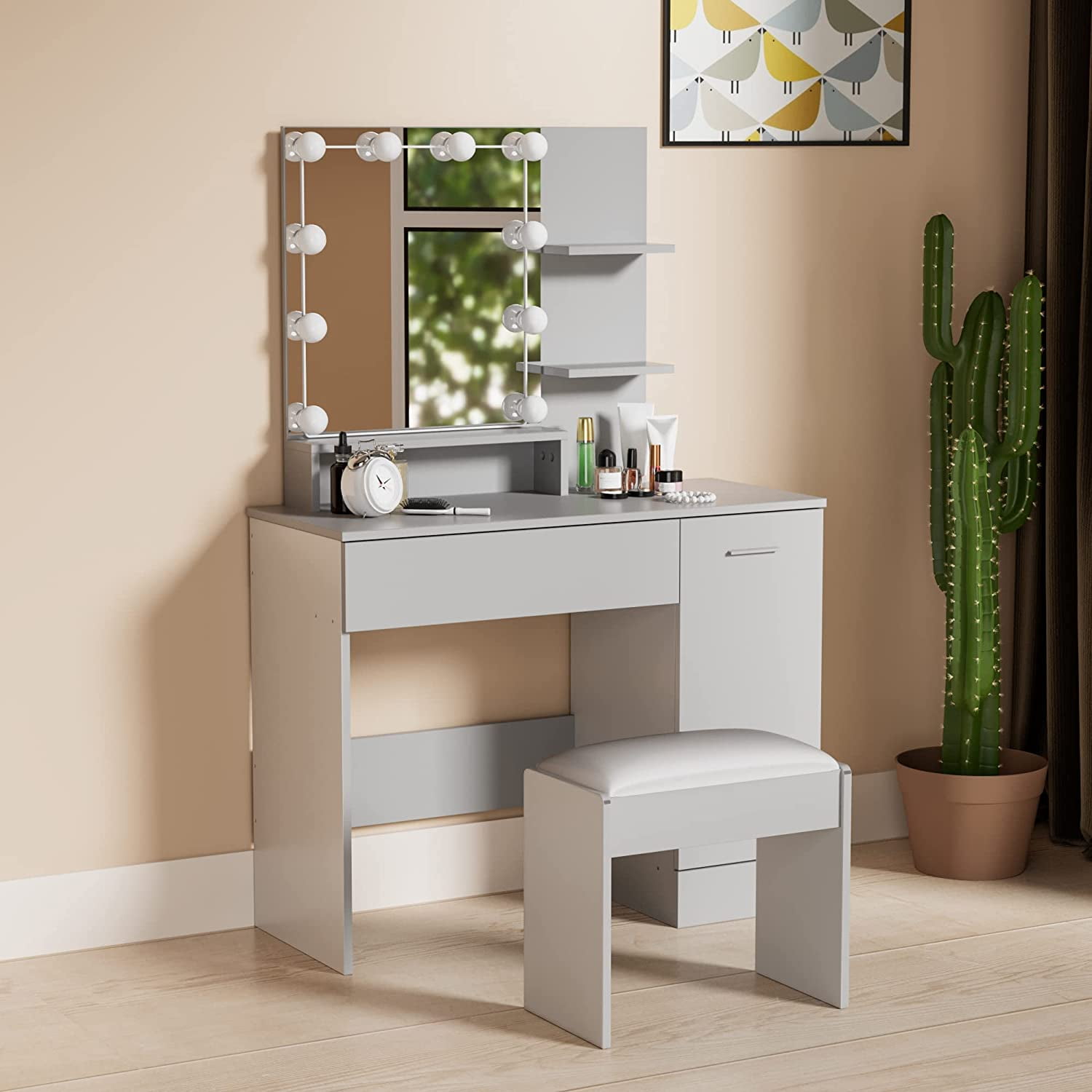 Cozy Castle Grey Vanity Table with DIY Lighted Mirror, Dressing Table