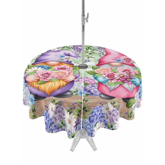 Outdoor Tablecloths with Umbrella Hole & Zipper, Blue Purple Gnomes Round Tablecloths 60 Inch, Spring Hydrangea Flower Leaf Green Plaid Waterproof Table Cloth, Patio/Pool/Picnic Table Covers