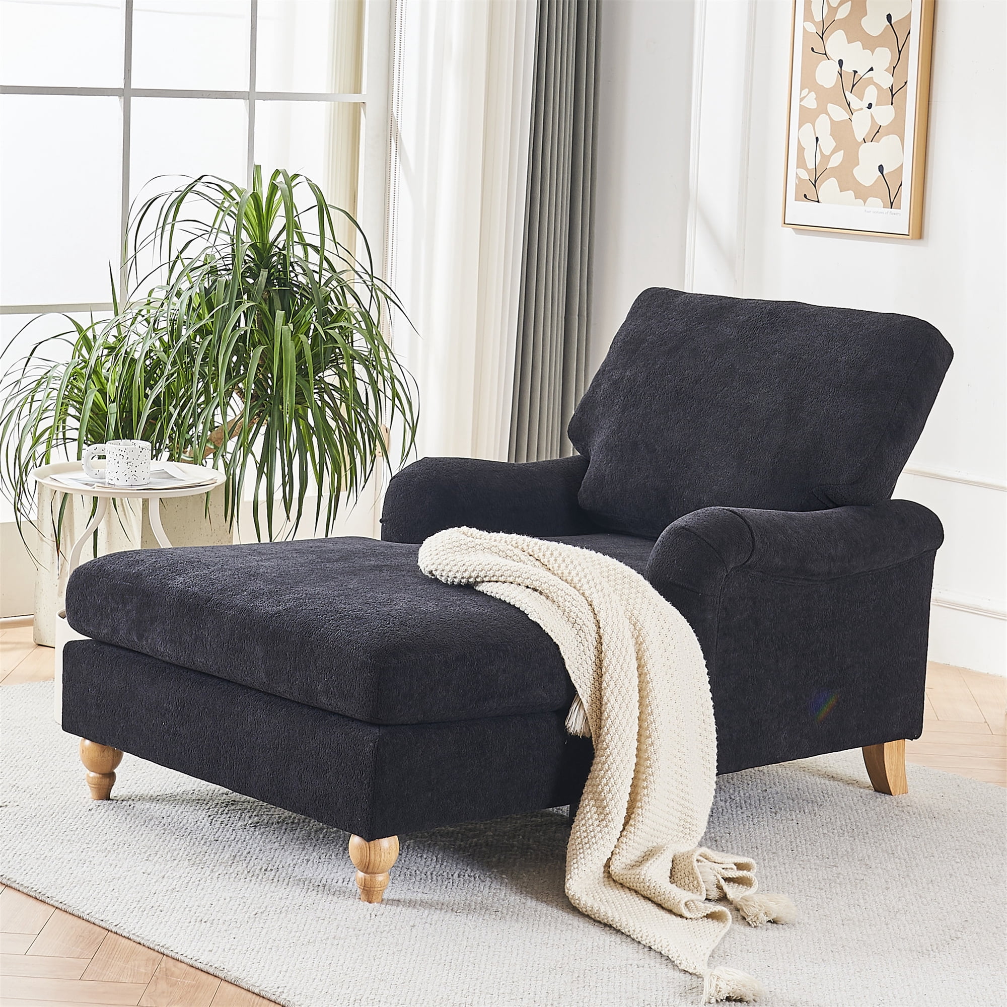 Aukfa Modern Oversized Chaise with Adjustable Backrest, Sleeper Chair Sofa Recliner for Living Room, Black
