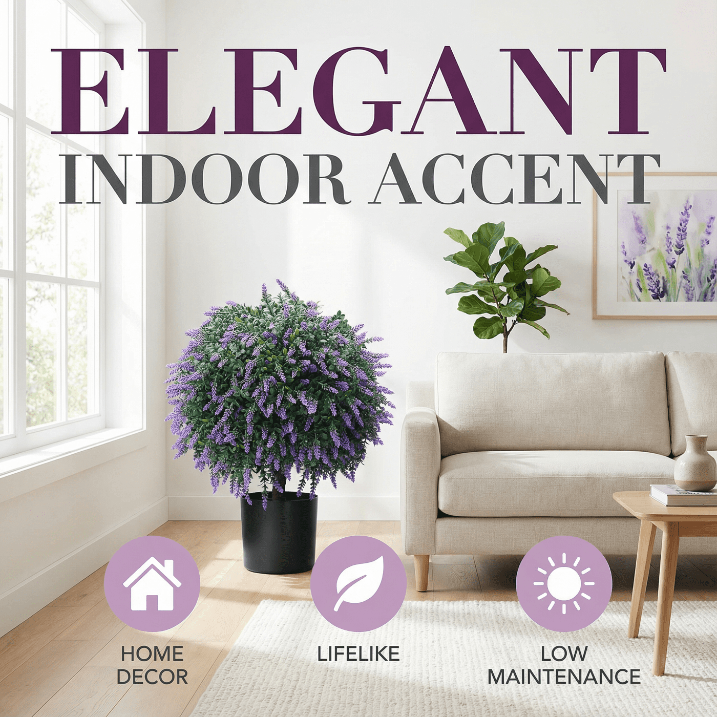 Bibana Set of 2 Artificial Lavender Topiary Ball Trees, 21.6in Tall UV Resistant Potted Plants for Indoor & Outdoor Home Garden Decor (Purple)