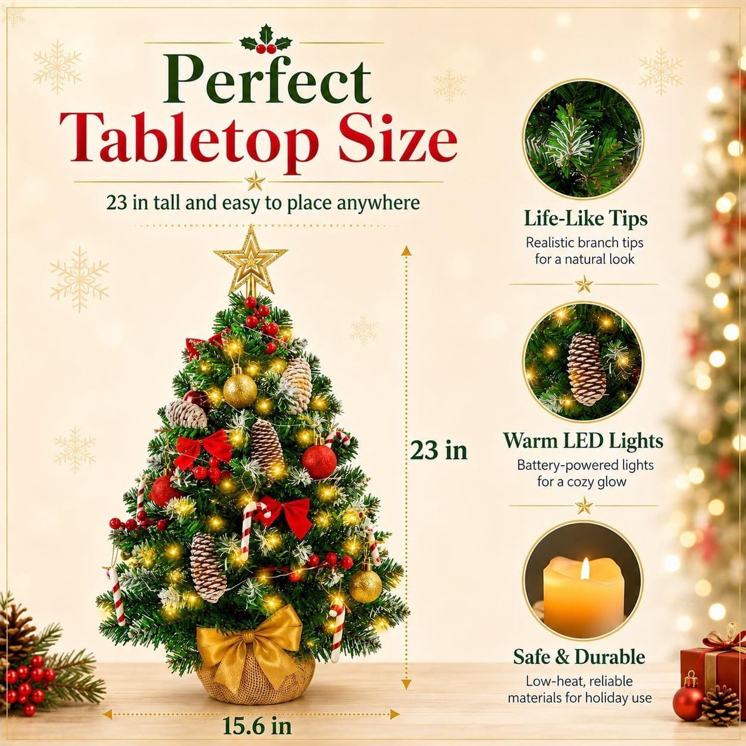 Pre-Lit Mini Christmas Tree with 30 LED Lights, Star Topper, Ornaments and Gift Boxes, 23 in Tabletop Holiday Decoration for Home, Office or Desk
