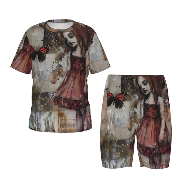 Balery Vintage Collage Girl Butterfly Conjunto de Pijama Infantil de Manga Corta con Estampado – Ropa de Dormir de Algodón Suave-XX-Large