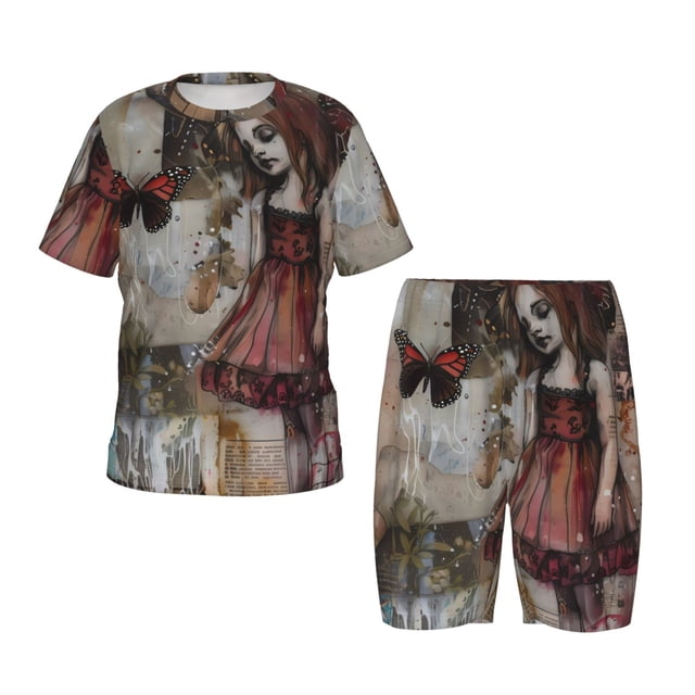 Fotbe Vintage Collage Girl Butterfly Pijama Estampada de 2 Piezas para Niños – Ropa de Dormir de Manga Corta Cómoda para Niños y Niñas, Camiseta y Shorts de Algodón-3X-Large