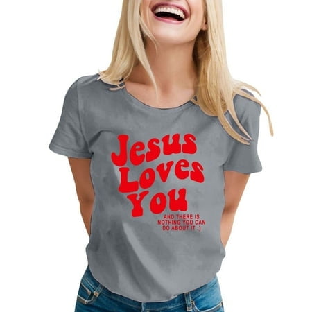 LUOGENLI T-shirts pour Femmes T-shirts Décontractés Imprimés Col Rond Manches Courtes t-Shirt Haut T-shirts Graphiques Pêche Saint-Valentin T-shirts Graphiques Pâques Gris TG