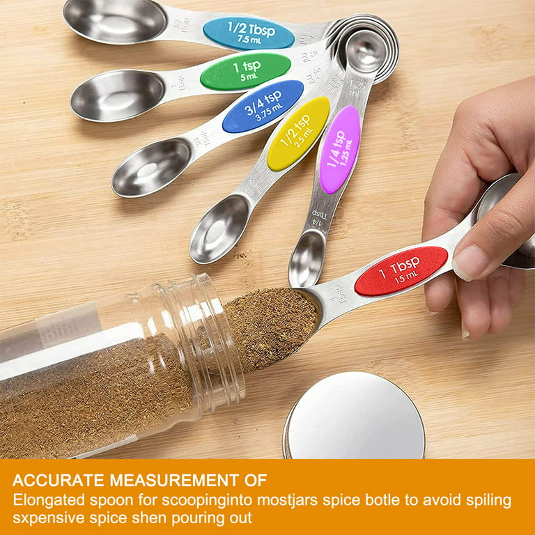 Magnetic Measuring Spoons Set of 8 Stainless Steel Dual Sided Teaspoon and  Tablespoon Stackable with Leveler Fits in Different Spice Jars for Dry and