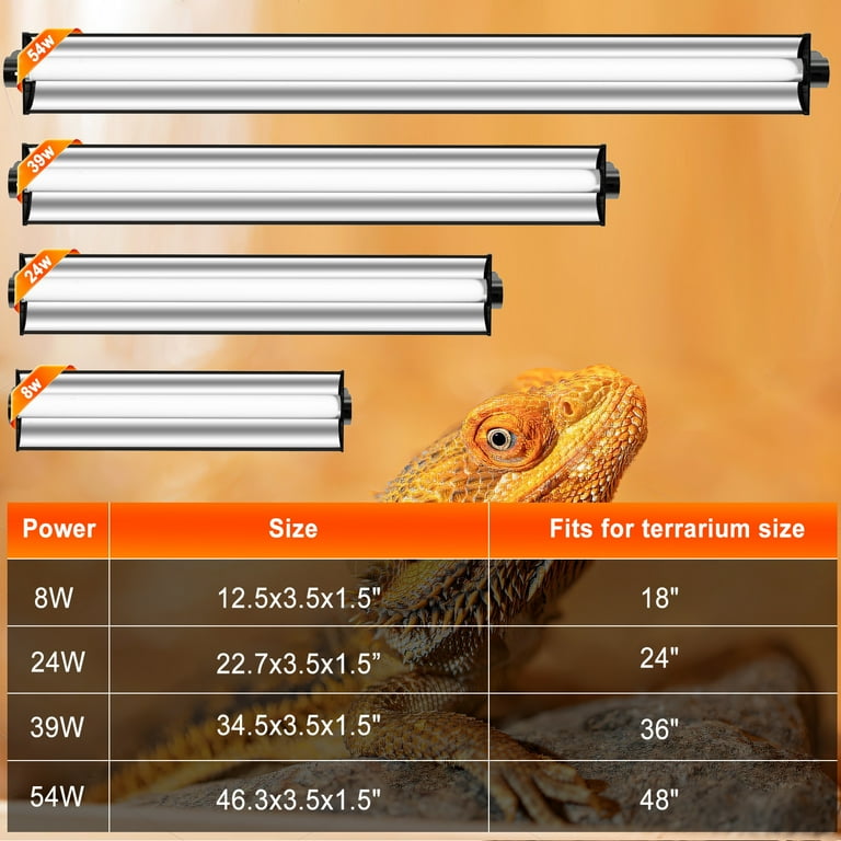 T5 UVB Reptile Light Fixture Combo Kit, 24W UVA UVB Fluorescent Tube,  UVB for Bearded Dragons, Tortoises, and Desert Reptiles, 22-inch Hood