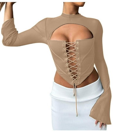 YYDGH Women Sexy Long Sleeve Mesh Crop Top Solid Color Cover Up Slim Fit Lace Up Bandeau Bustie Crop Corset Top Clubwear Brown M