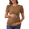 thumbnail image 1 of Blusa de maternidad de mujer INSPIRE CHIC, de punto acanalado, con mangas cortas abullonadas, camiseta arrugada para fotos de baby shower, talla X-Small, color marrón, 1 of 6