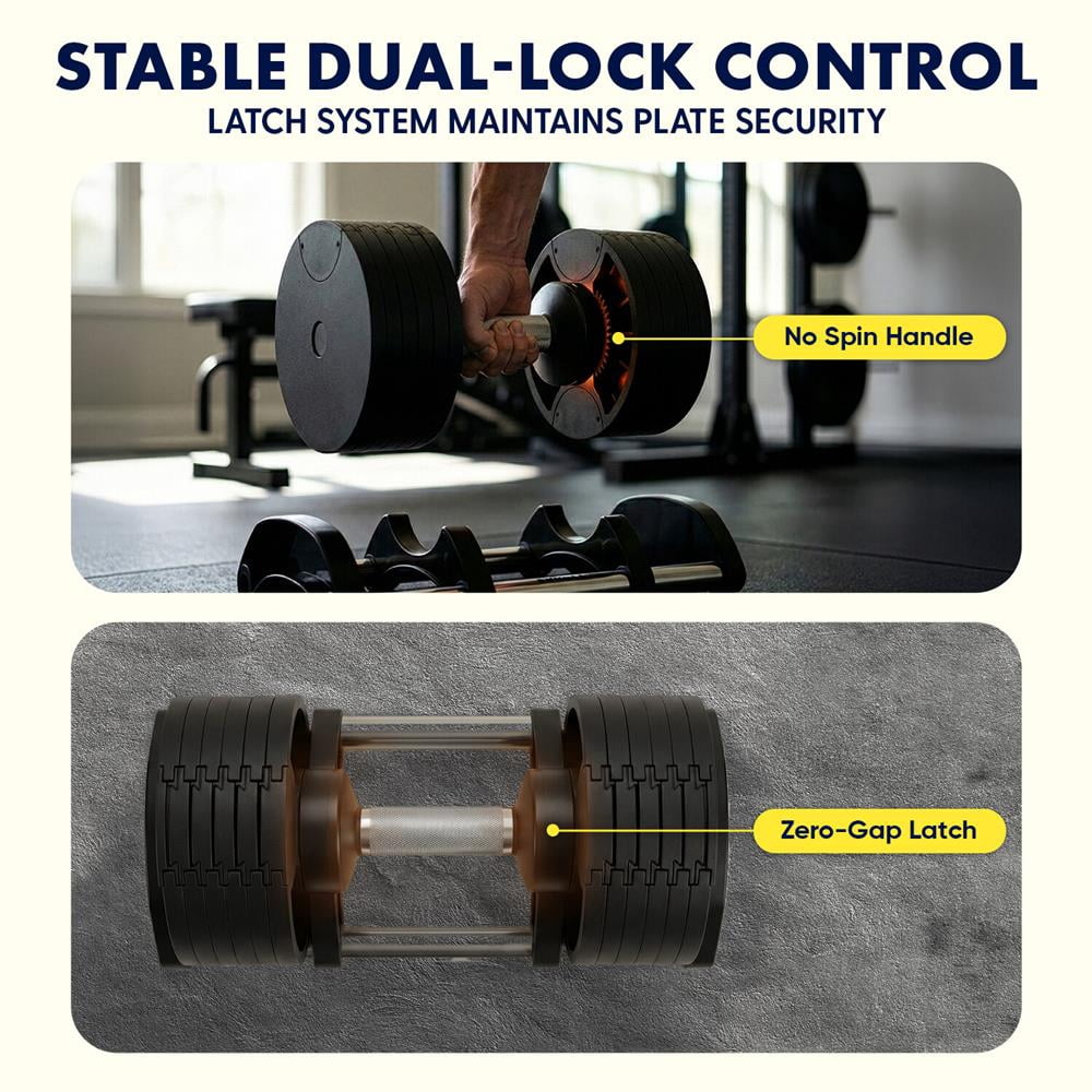 Squatz Adjustable Dumbbells Set – Quick Weight Change Dumbbells with Anti-Slip Handle, Secure Locking System, Space-Saving Design with Heavy-Duty Plates & Base