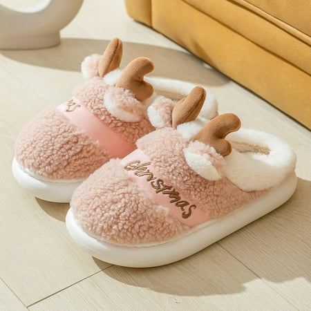 

CoCopeanut New 2022 Thick Sole Christmas Deer Slippers Women Men Indoor Warm Slipper Soft Plush Home Floor Lovers Winter Platform Shoes