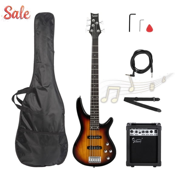GZXS 5 String Electric Bass Guitar with 20W Amplifier, Full Size Beginners Bass Kit with Bag, Strap, Spanner Tool and Connecting Wire, Sunset Color