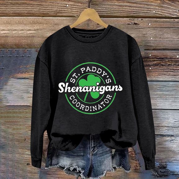 Deals Of The Day Clearance Oversized Crewneck Sweatshirt Women Women's Fashionable Round Neck Long Sleeved St. Pady's Shenanigans Coordinator Letter Printed Top Hoodie