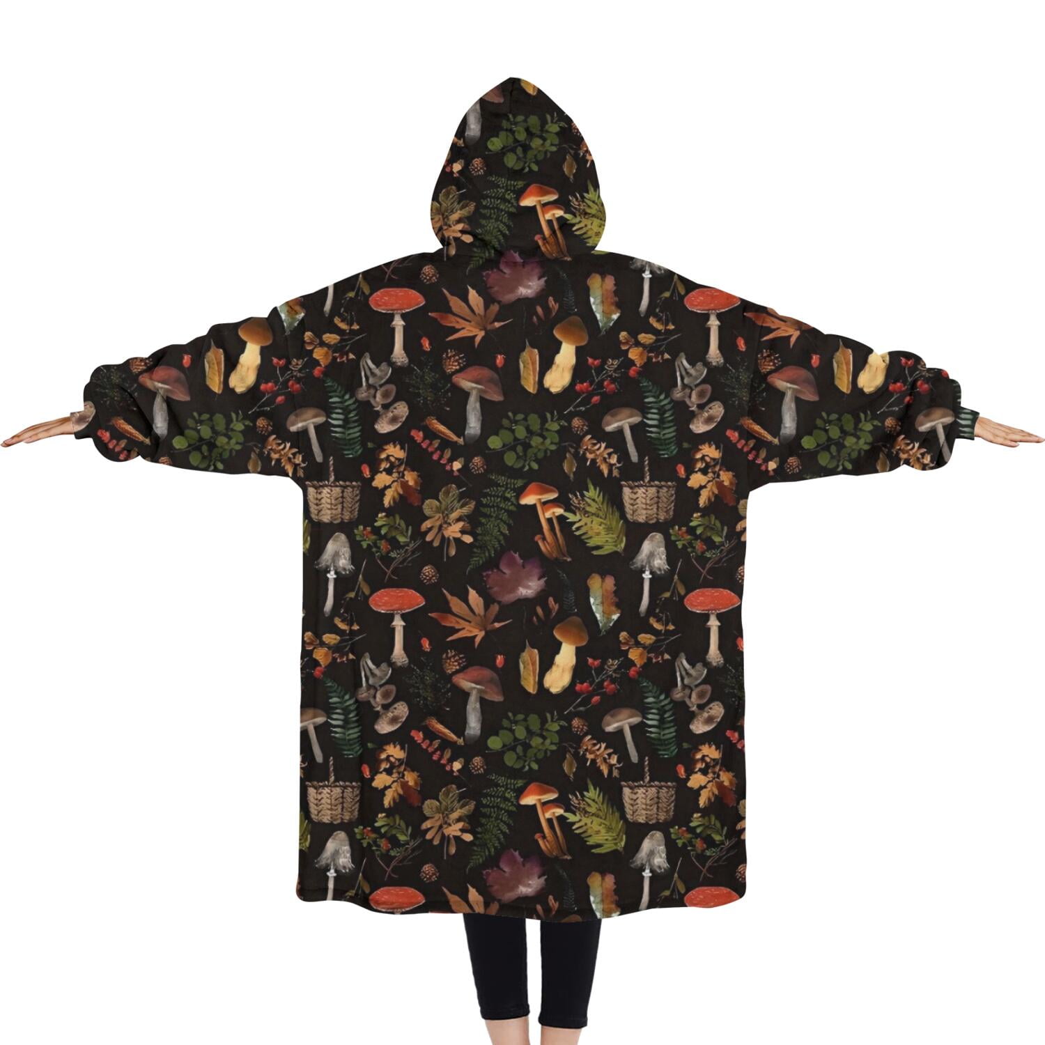 Oversized Wearable Blanket Hoodie,Red Mushroom Leaf Black Pattern Sherpa Blanket Hoodie with Super Pockets,Super Warm Fuzzy Pullover for Women & Men