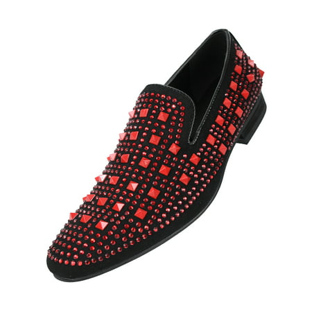 Amali Mens Metallic and Studded Smoking Slipper Loafer Dress Shoes Available in Black & Gold, Black & Red,