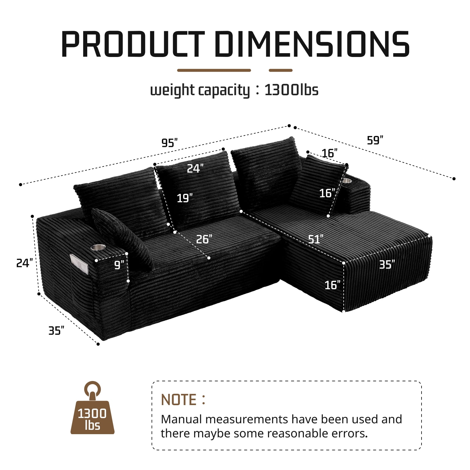 95'' Boneless L Shape Modular Sofa Couch with 4 Pillows and 2 Cup Holders