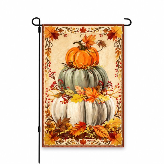 Garden Flag Autumn Pumpkin Stack 12 x 18 Inch Outdoor Decor for Yard Lawn Fall Seasonal Display with Colorful Leaves and Berries Thanksgiving Porch Decor