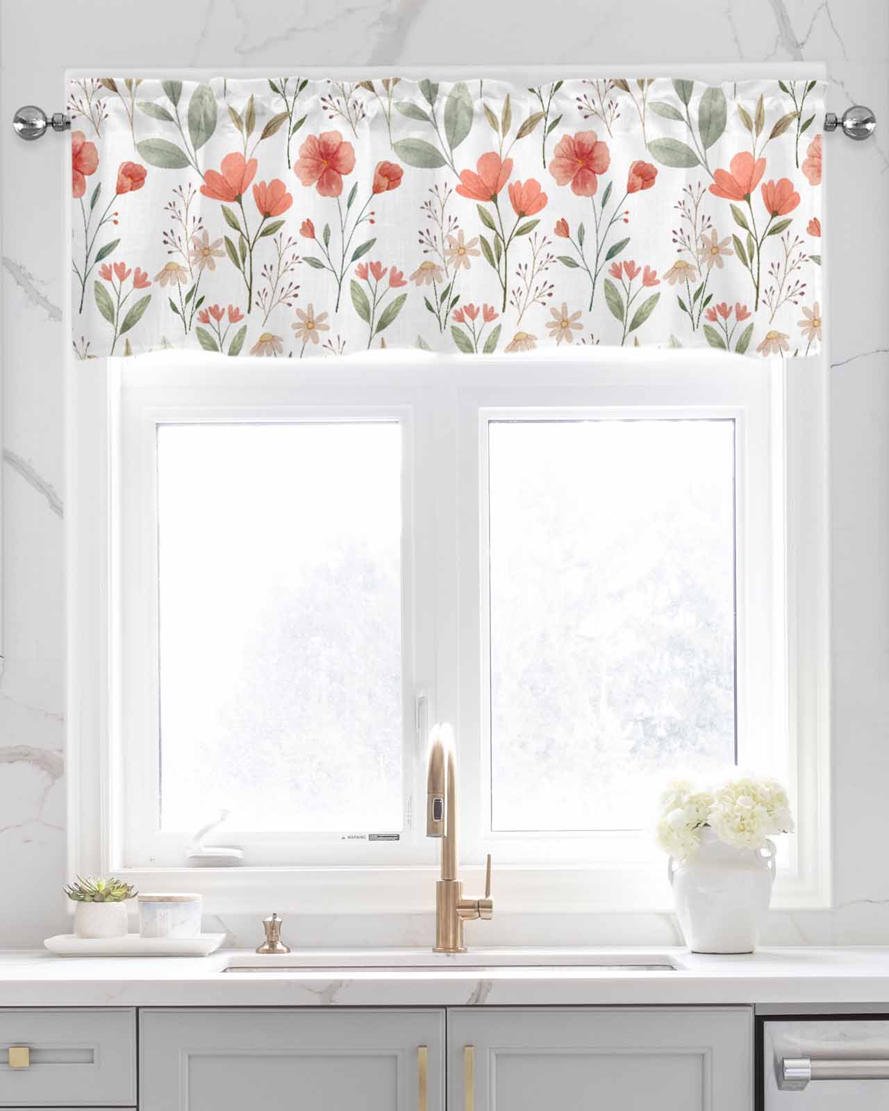 Botanical Flower Linen Curtain Valance for Bedroom/Bathroom/Kitchen/Office/Living/Dining Room Windows,Watercolor Floral Leaves Rod Pocket Topper Drapes Decorative Cafe Drapery Panel 54x18
