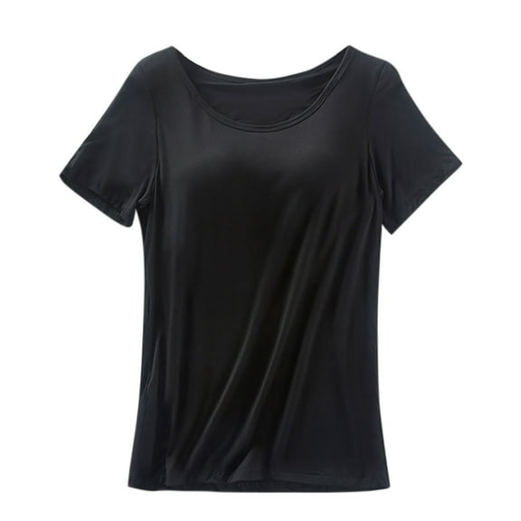 Perfectbot Womens Short Sleeves Tops with Built in Bra Scoop Neck Solid Casual Blouse Summer Basic Shirt