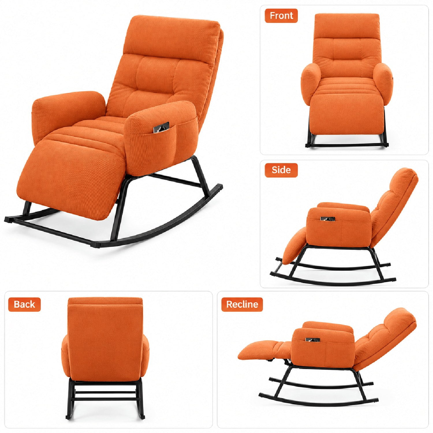 Modern Rocking Chair with Retractable Footrest, Upholstered Lounge Chair with Side Pocket, Soft Plush Fabric, for Living Room, Bedroom, Study, and Patio