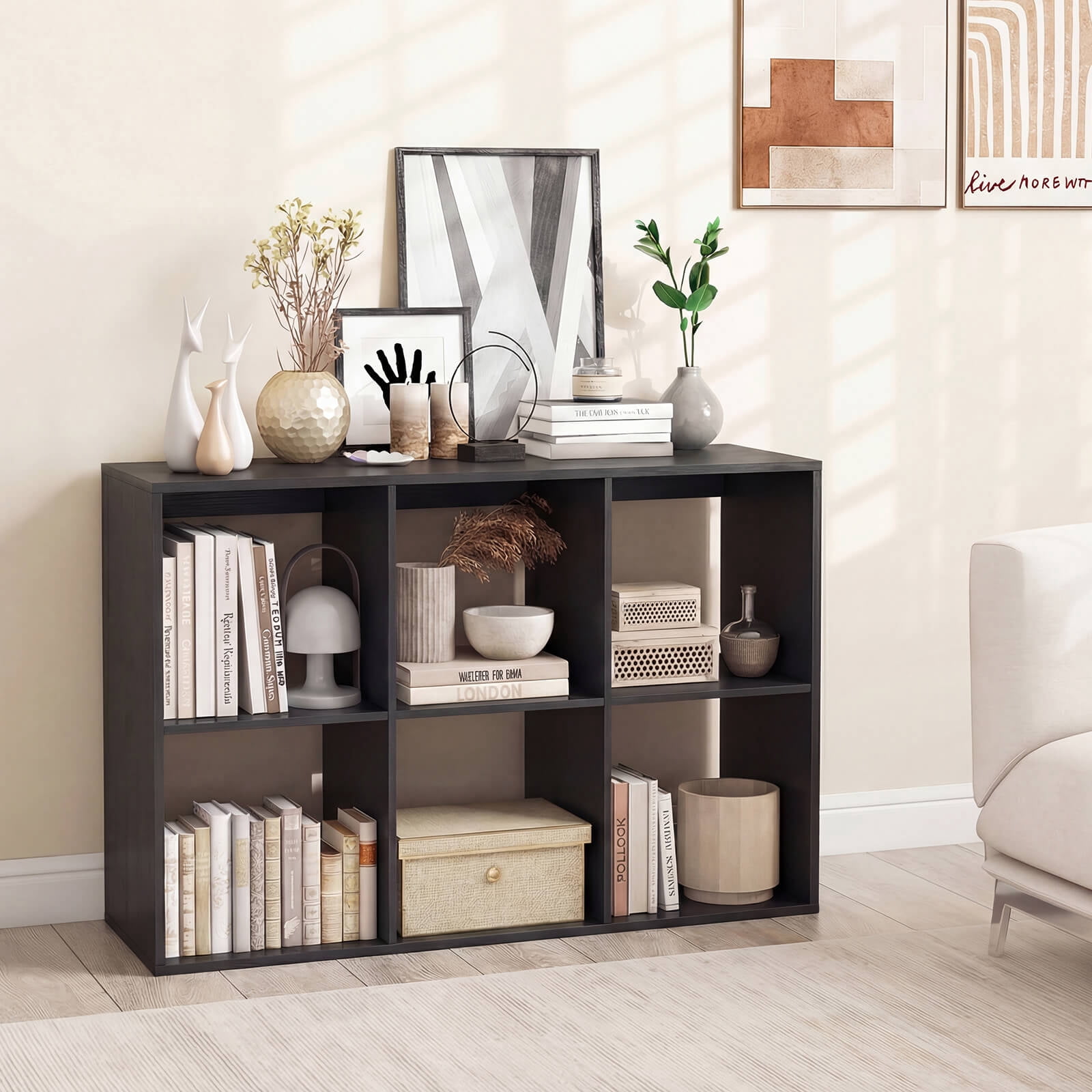 Costway 6-Cube Bookshelf, Modern Cubby Bookcase with Back Guardrail & Anti-tipping Kits Black