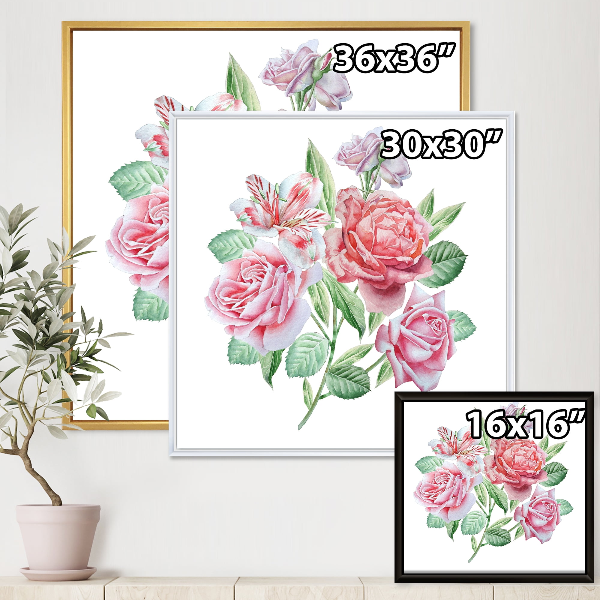 Designart 'Spring Flowers Alstroemeria Pink Roses' Traditional Framed Canvas Wall Art Print